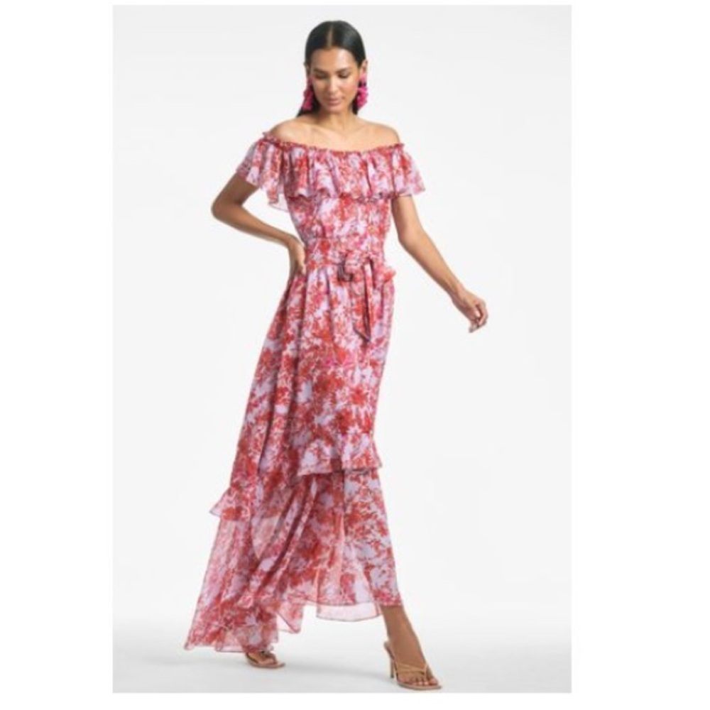 Sachin & Babi Riley Ruffled Off-Shoulder Chiffon Gown - Picture 3 of 7